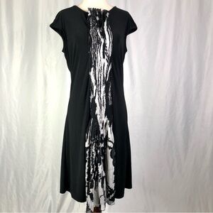 Samuel Dong pleated chiffon front dress stretch jersey cap sleeve black white M